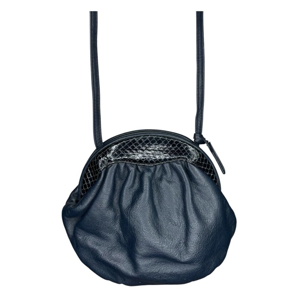 Vintage Round Navy Clamshell Leather Bag Anne Klein for Calderon